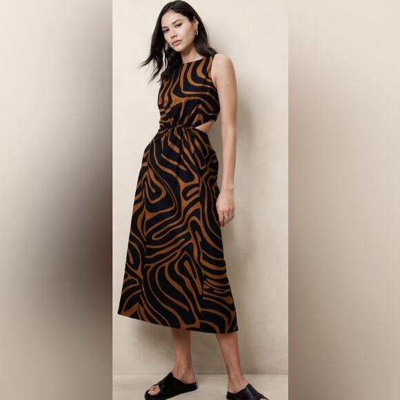 Banana Republic Factory Dresses & Skirts - NWT Banana Republic Linen Blend Cut Out Midi Dress Black Brown Abstract
Size 12